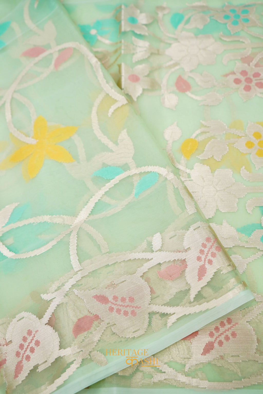 Mint Green Kora Silk Dhakai Floral Weaving Banarasi Saree