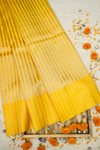 Mustard Yellow Banarasi Silk Stripe Saree with Premium Satin Border