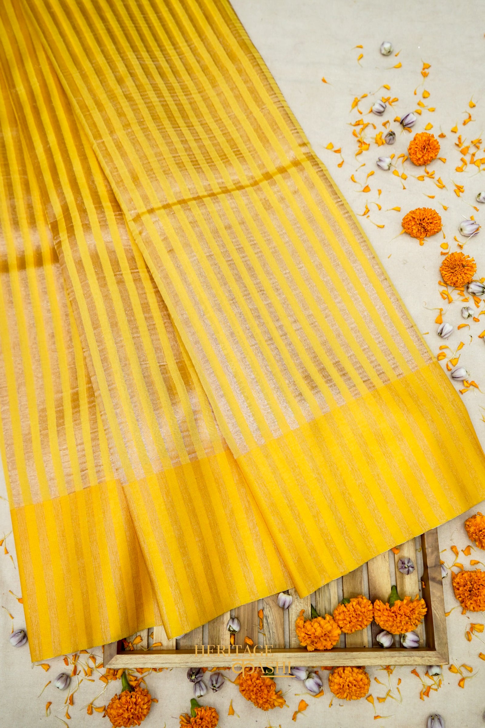Mustard Yellow Banarasi Silk Stripe Saree with Premium Satin Border