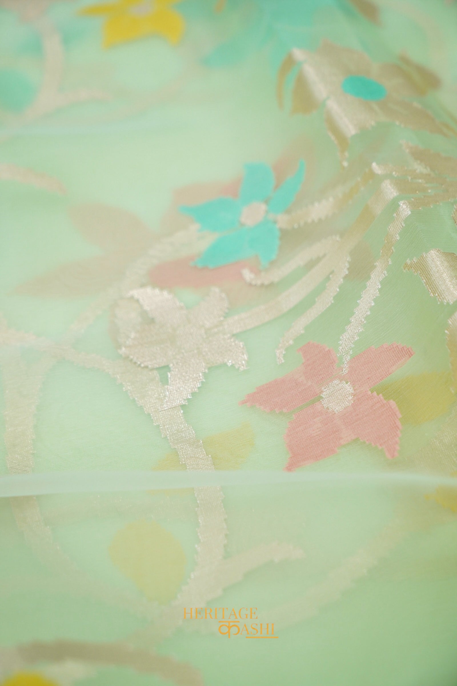 Mint Green Kora Silk Dhakai Floral Weaving Banarasi Saree