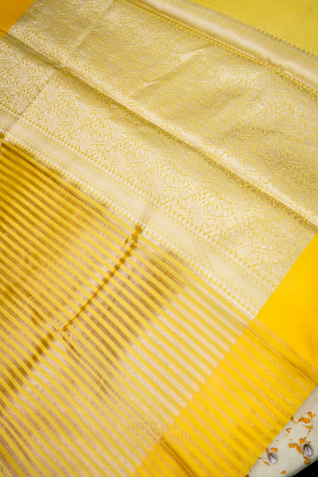 Mustard Yellow Banarasi Silk Stripe Saree with Premium Satin Border