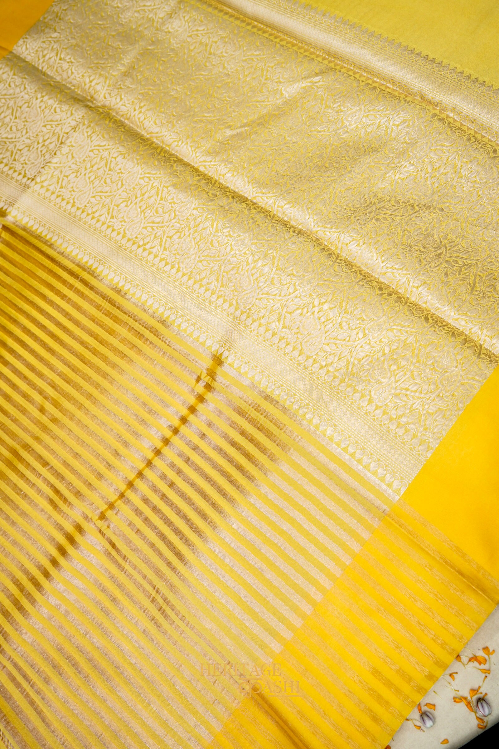 Mustard Yellow Banarasi Silk Stripe Saree with Premium Satin Border