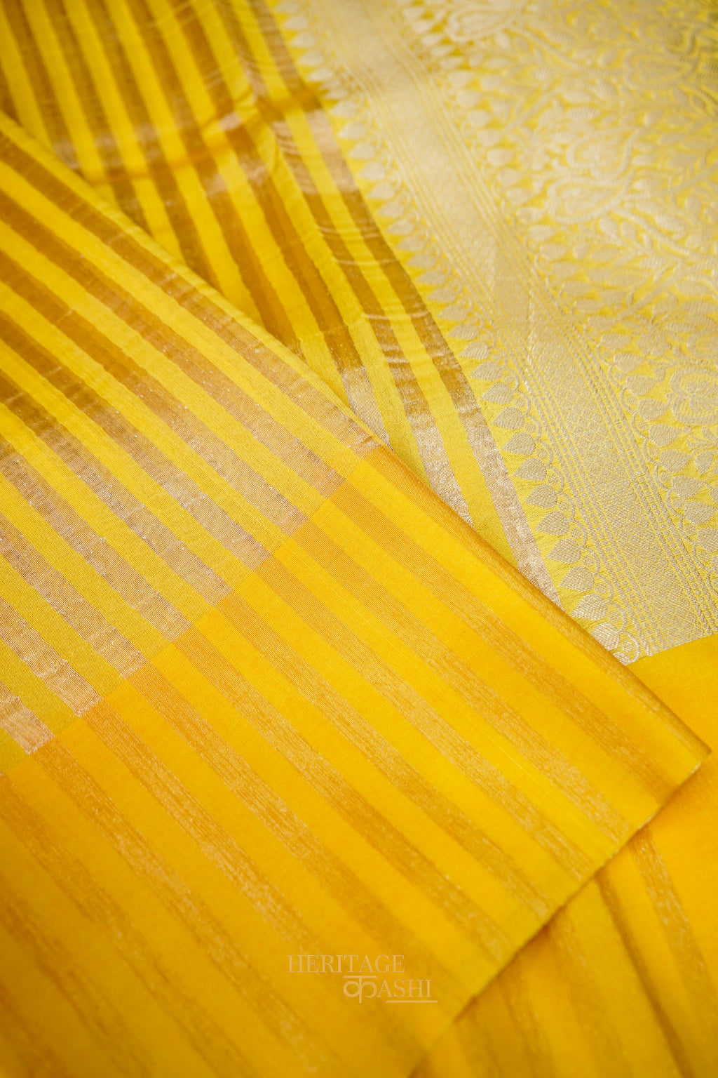 Mustard Yellow Banarasi Silk Stripe Saree with Premium Satin Border