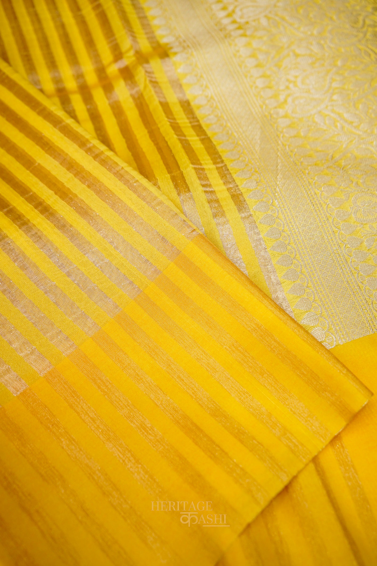 Mustard Yellow Banarasi Silk Stripe Saree with Premium Satin Border