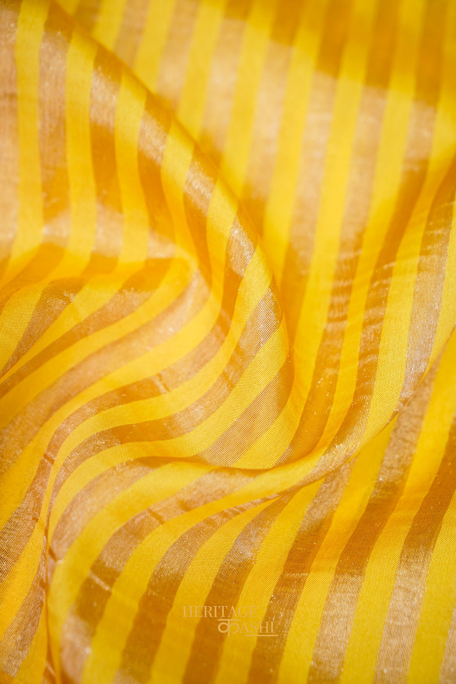 Mustard Yellow Banarasi Silk Stripe Saree with Premium Satin Border