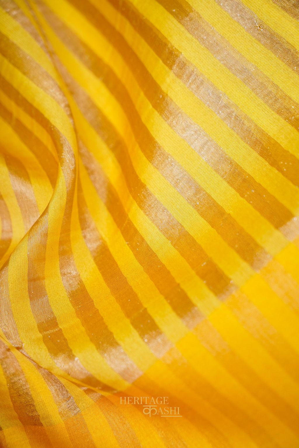 Mustard Yellow Banarasi Silk Stripe Saree with Premium Satin Border
