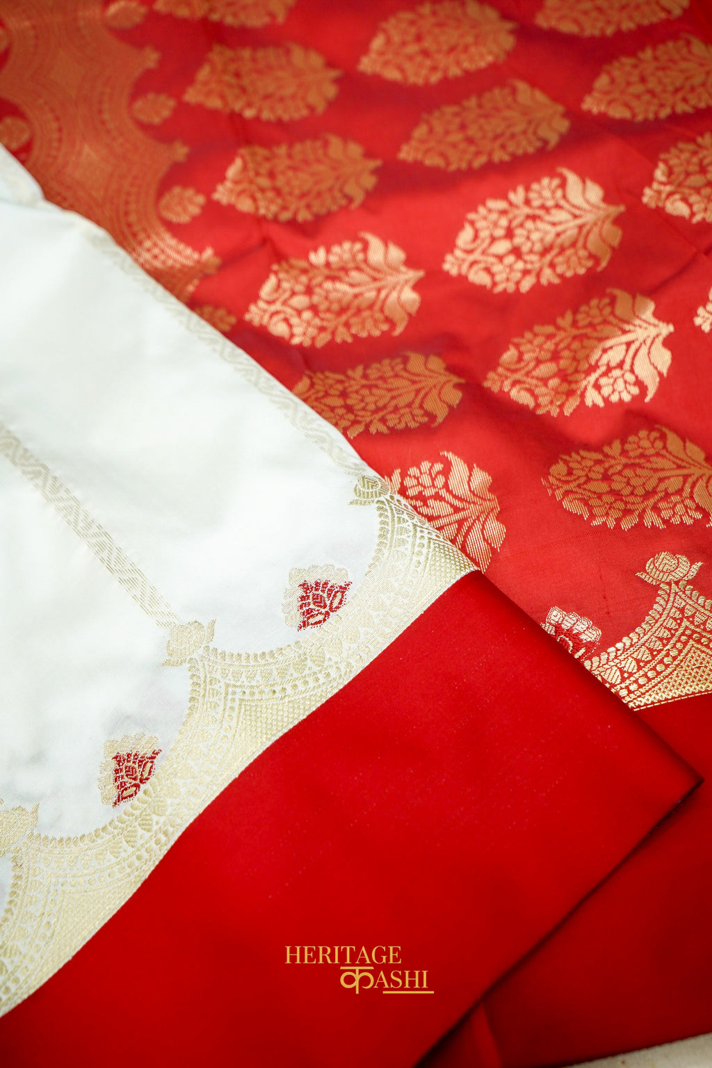 Off White Katan Saree with Rich Red Crown Zari Border