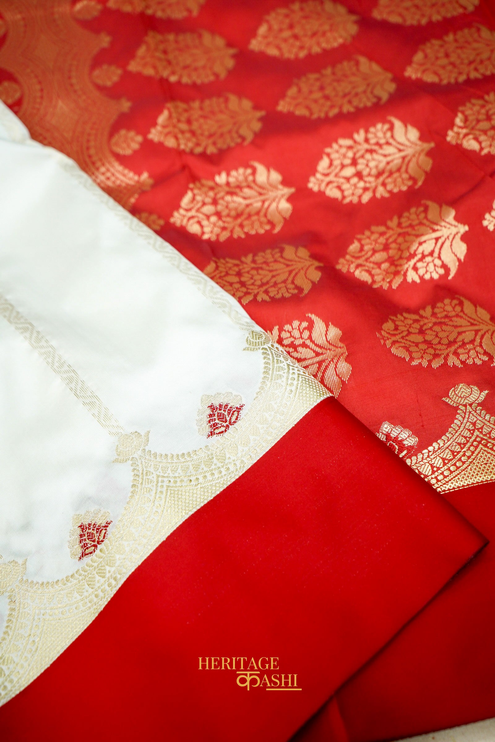 Off White Katan Saree with Rich Red Crown Zari Border