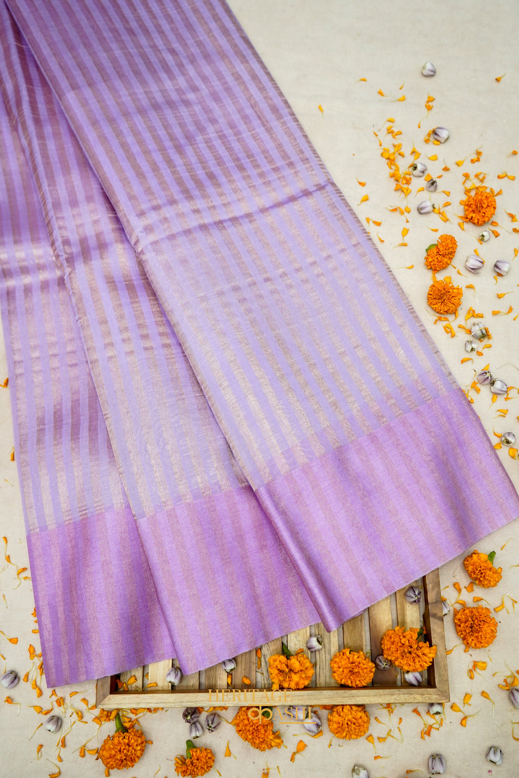 Lavender Banarasi Silk Stripe Saree with Premium Satin Border