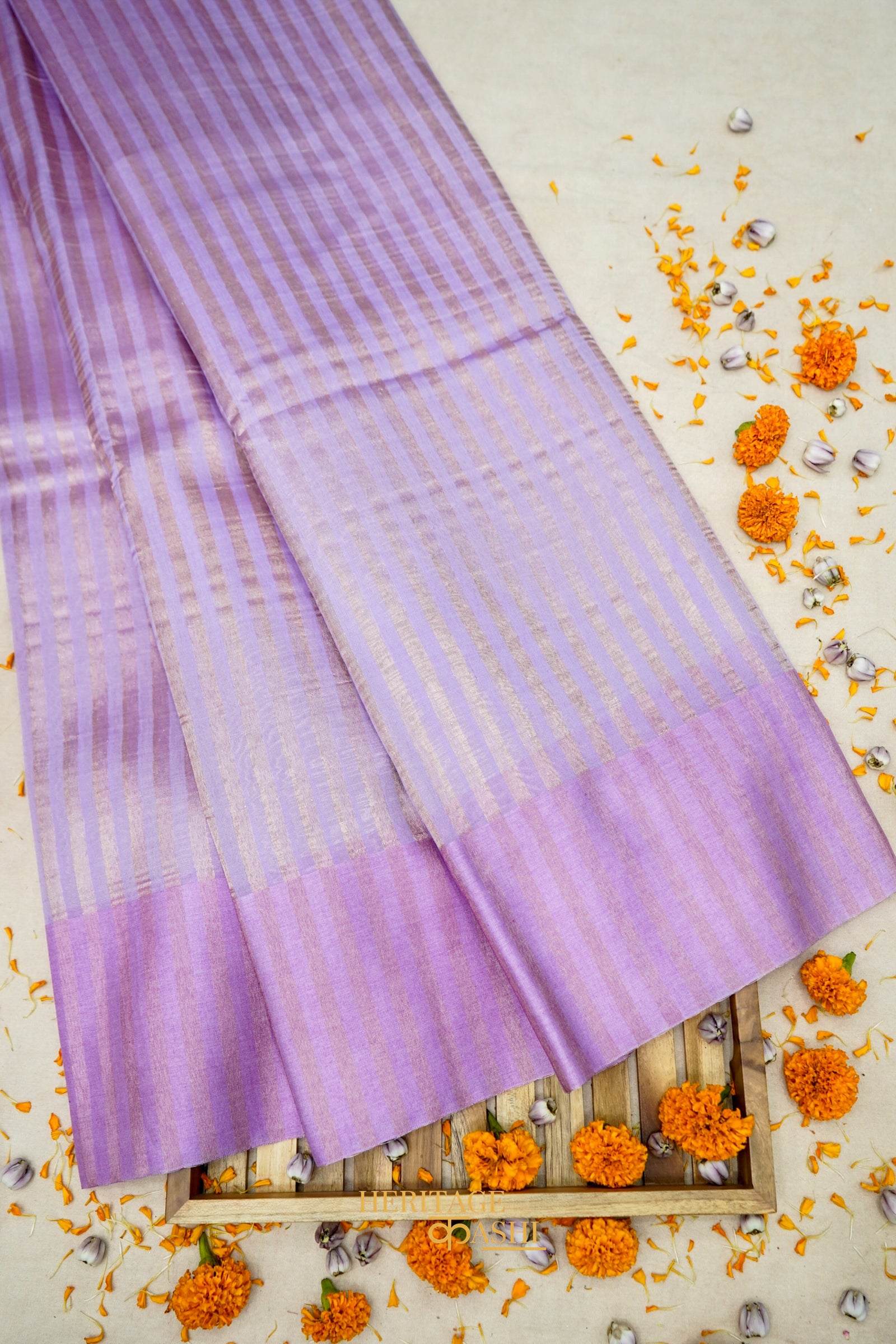 Lavender Banarasi Silk Stripe Saree with Premium Satin Border