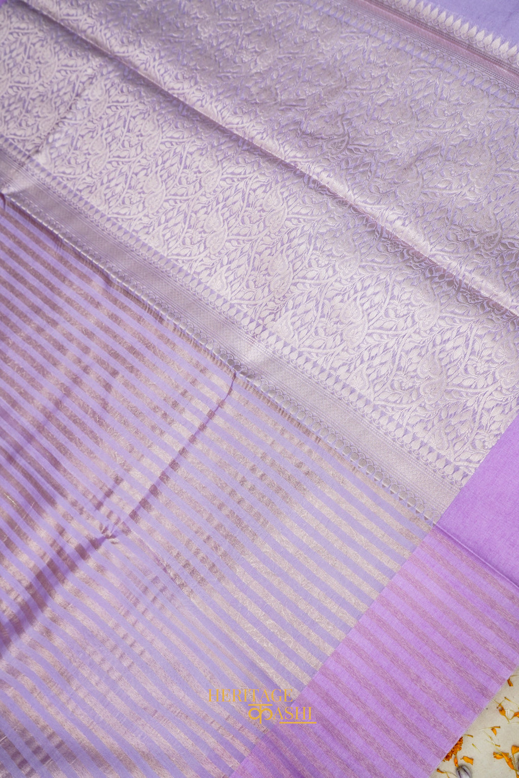 Lavender Banarasi Silk Stripe Saree with Premium Satin Border