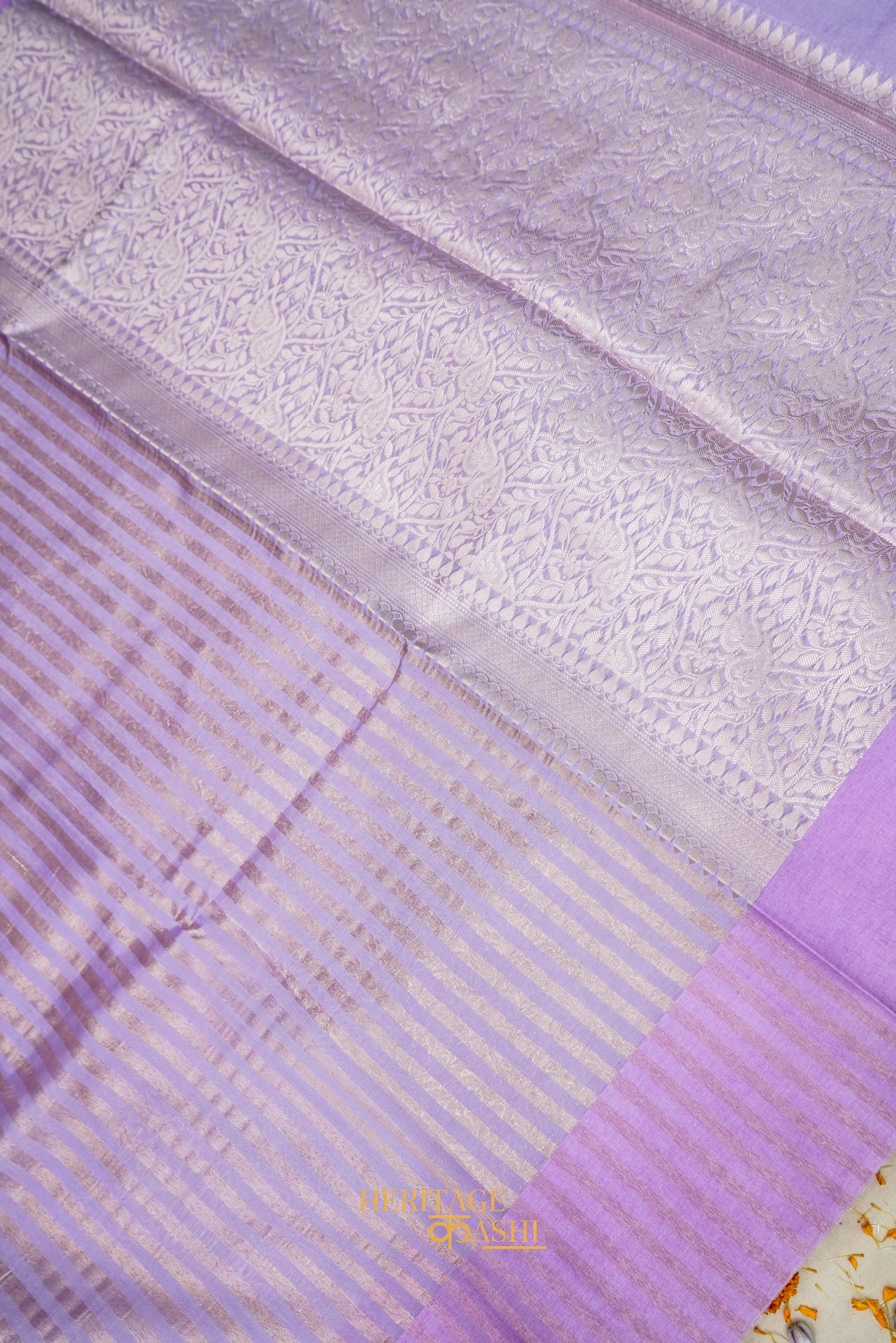 Lavender Banarasi Silk Stripe Saree with Premium Satin Border