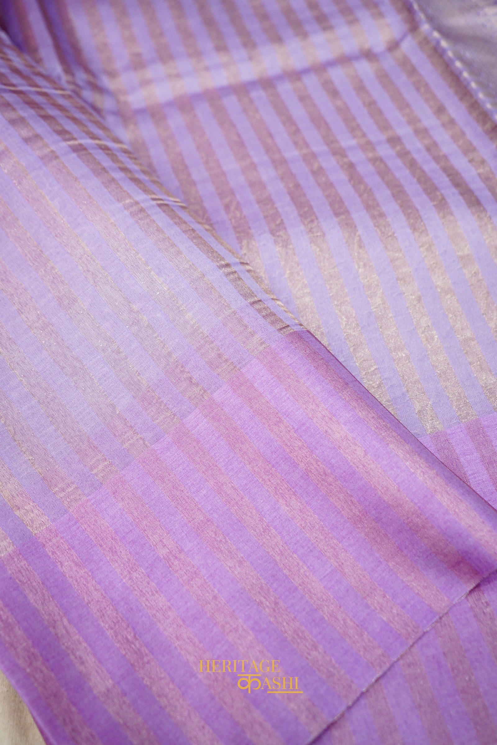 Lavender Banarasi Silk Stripe Saree with Premium Satin Border