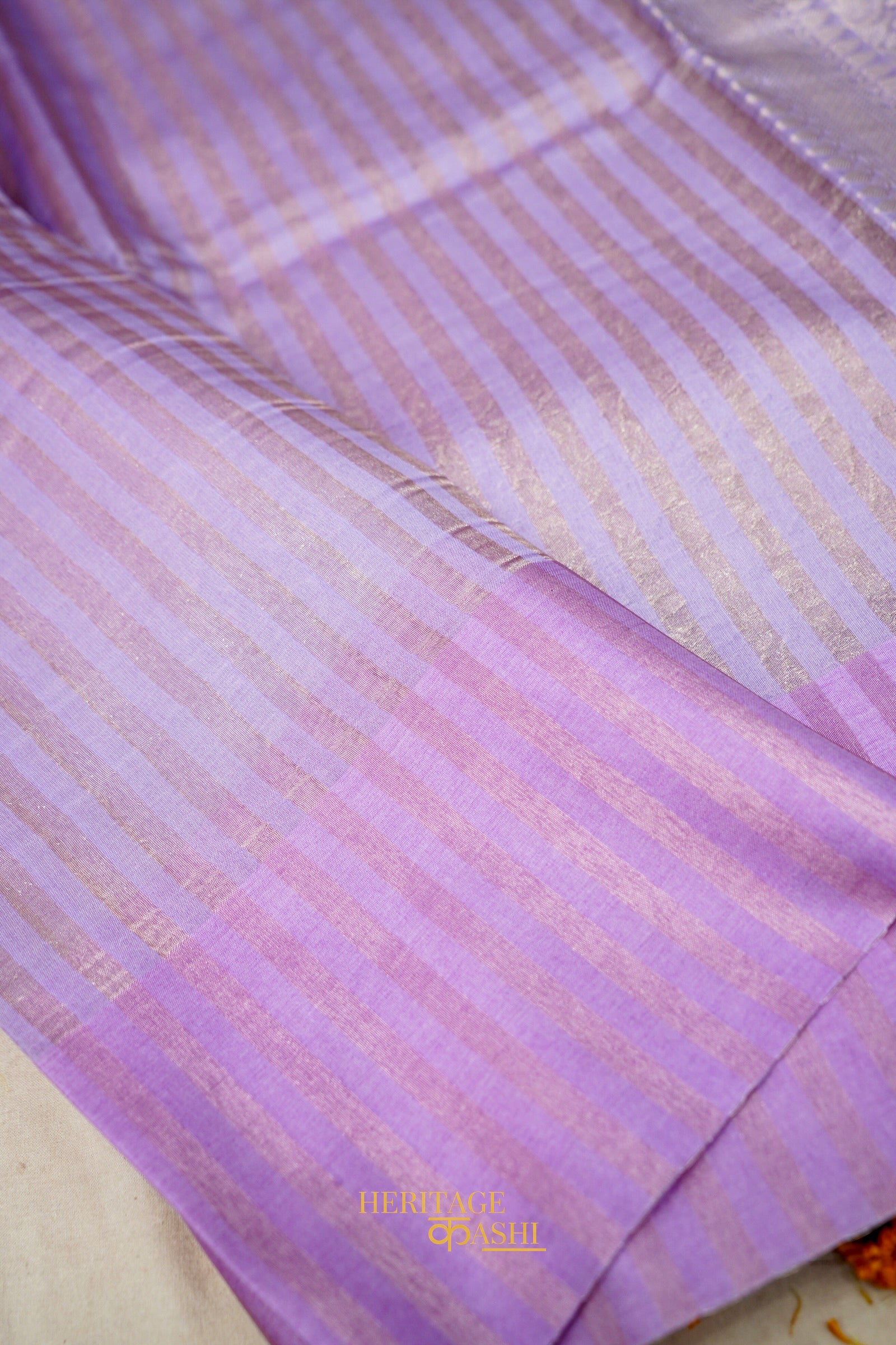 Lavender Banarasi Silk Stripe Saree with Premium Satin Border