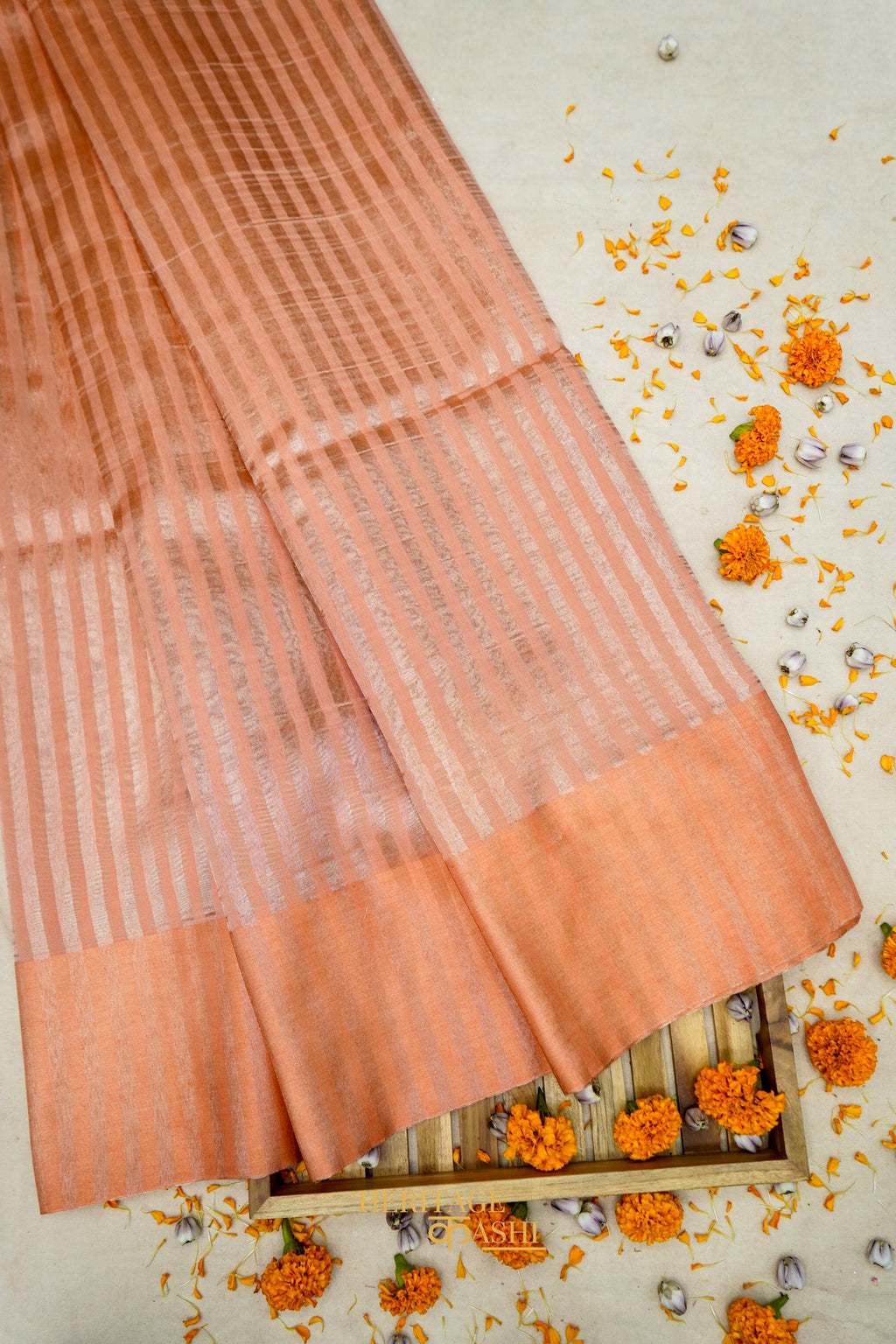 Peach Banarasi Silk Stripe Saree with Premium Satin Border