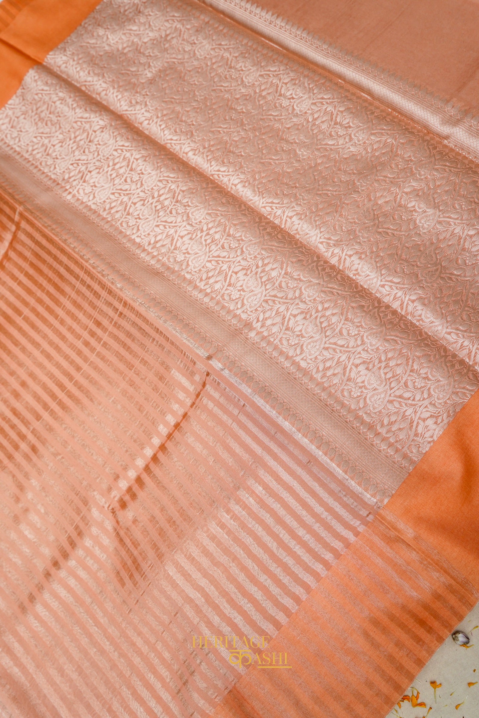 Peach Banarasi Silk Stripe Saree with Premium Satin Border