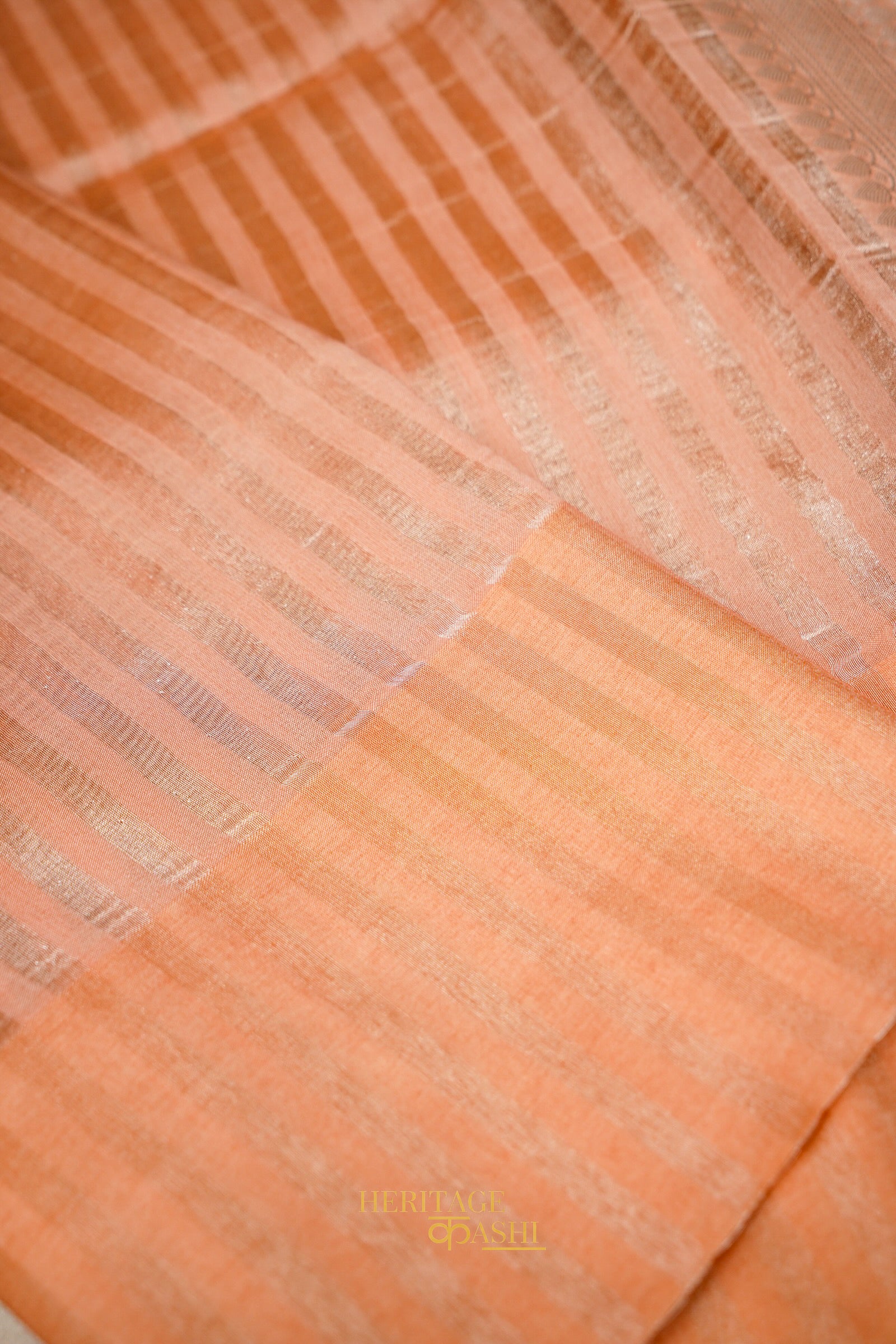 Peach Banarasi Silk Stripe Saree with Premium Satin Border