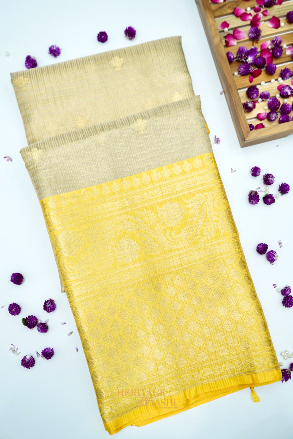 Ivory Tissue Kota Banarasi Silk Saree with Golden Yellow Zari Border