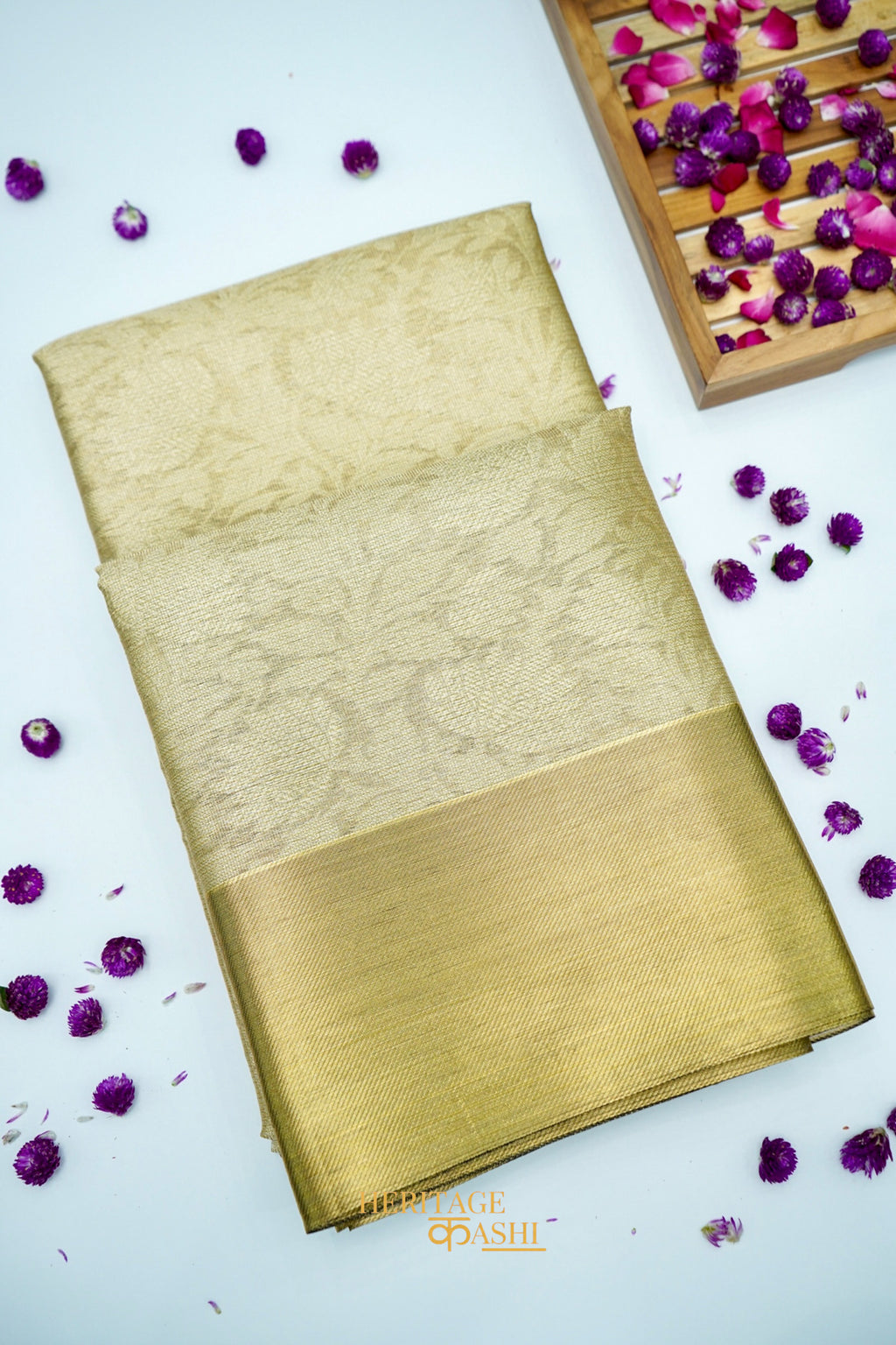 Nita Ambani Inspired Golden Embossed Soft Tissue Silk Saree