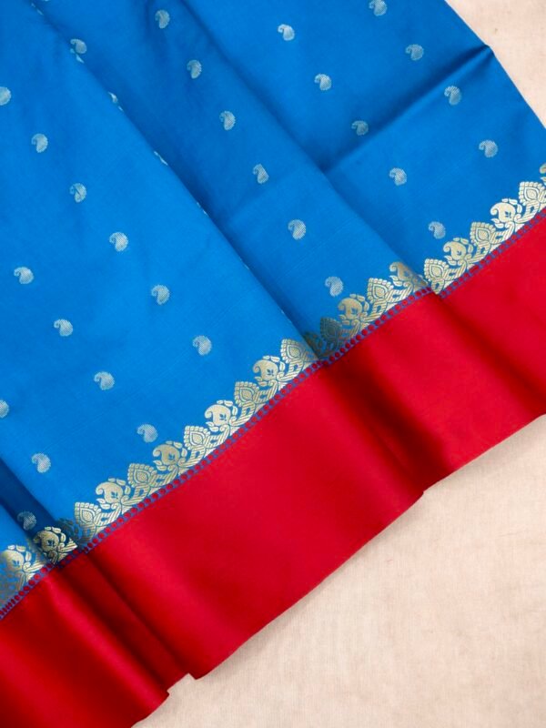 Peacock Blue Banarasi Satin Silk Allover Zari Buti Saree - Image 4