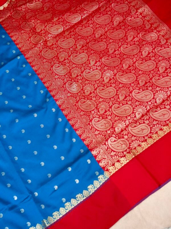 Peacock Blue Banarasi Satin Silk Allover Zari Buti Saree - Image 3