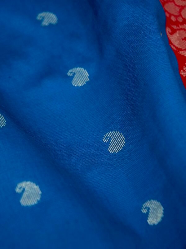 Peacock Blue Banarasi Satin Silk Allover Zari Buti Saree - Image 6