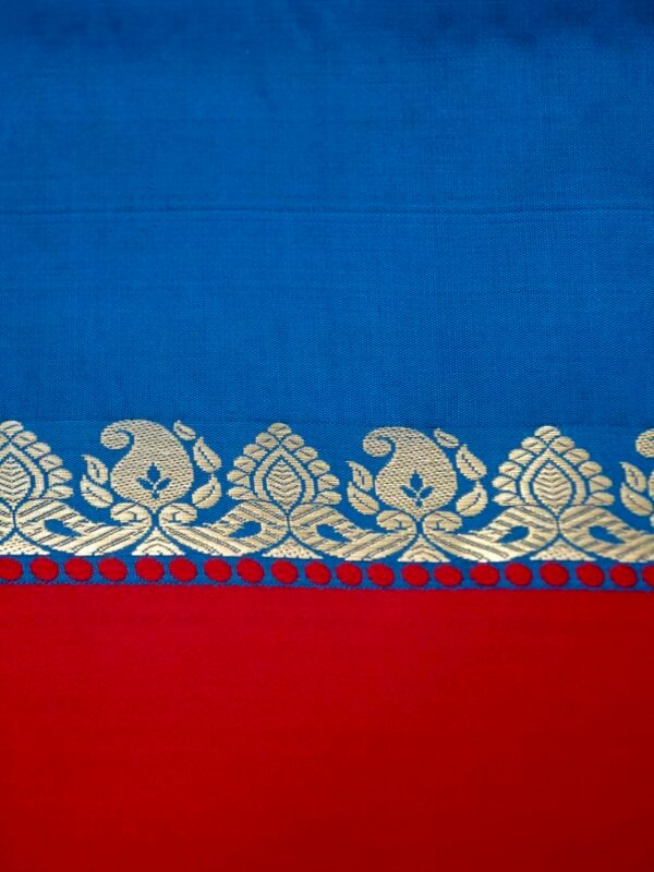 Peacock Blue Banarasi Satin Silk Allover Zari Buti Saree - Image 8