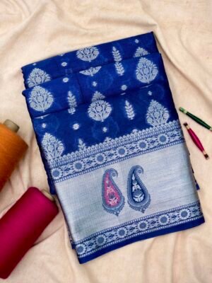 Navy blue warm silk big silver fancy carry buta saree