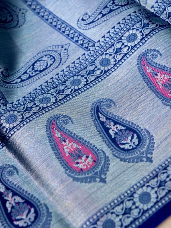 Navy Blue Warm Silk Big Silver Fancy Carry Buta Saree - Image 6