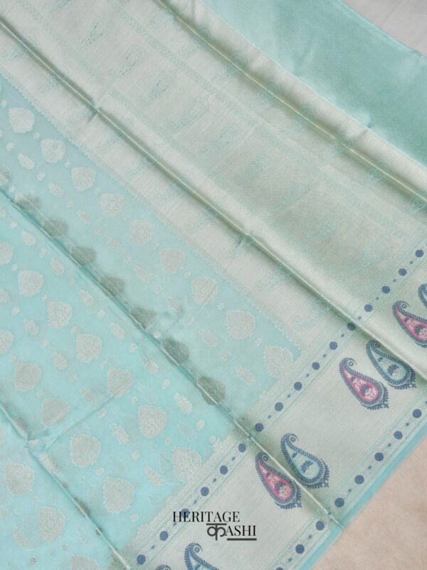 Light Blue Warm Silk Big Silver Fancy Carry Buta Saree - Image 3