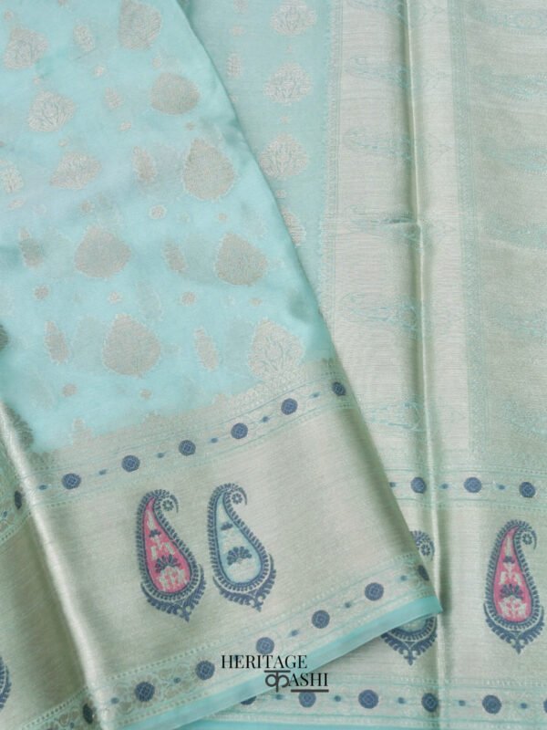 Light Blue Warm Silk Big Silver Fancy Carry Buta Saree - Image 2
