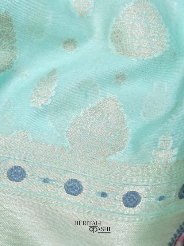 Light Blue Warm Silk Big Silver Fancy Carry Buta Saree - Image 4
