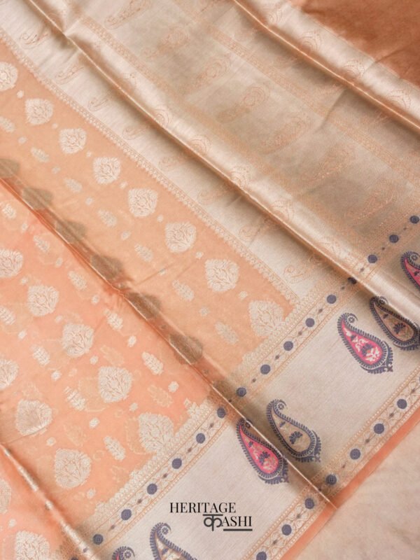 Peach Warm Silk Big Silver Fancy Carry Buta Saree - Image 3