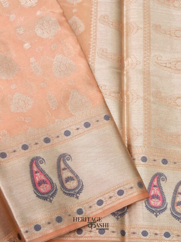 Peach Warm Silk Big Silver Fancy Carry Buta Saree - Image 2