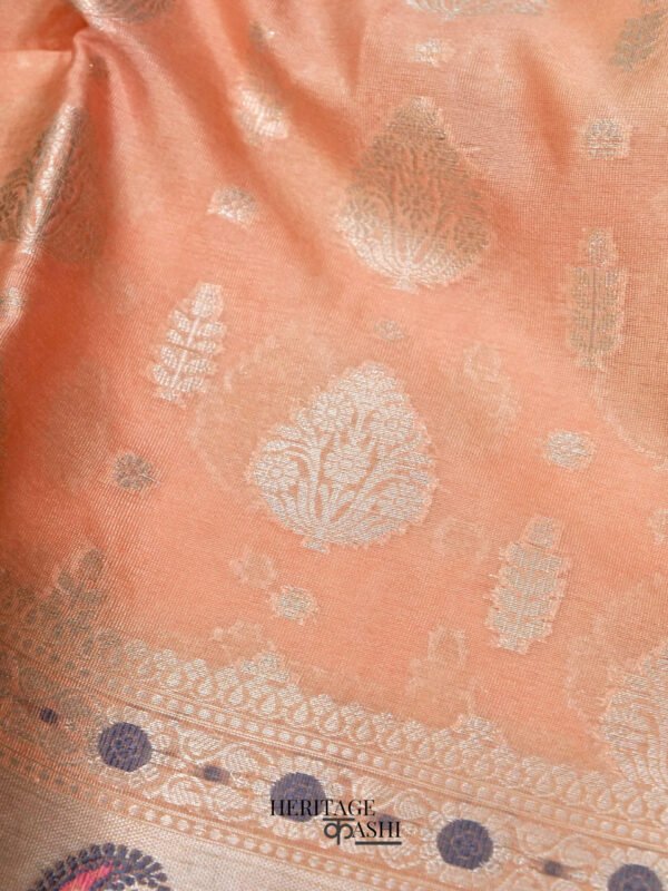 Peach Warm Silk Big Silver Fancy Carry Buta Saree - Image 5