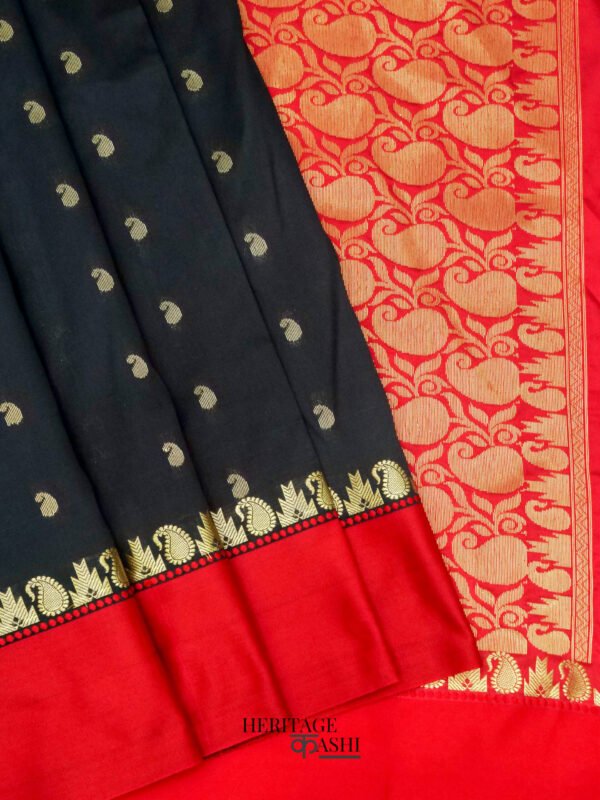 Black Banarasi Satin Silk Allover Zari Buti Saree - Image 2
