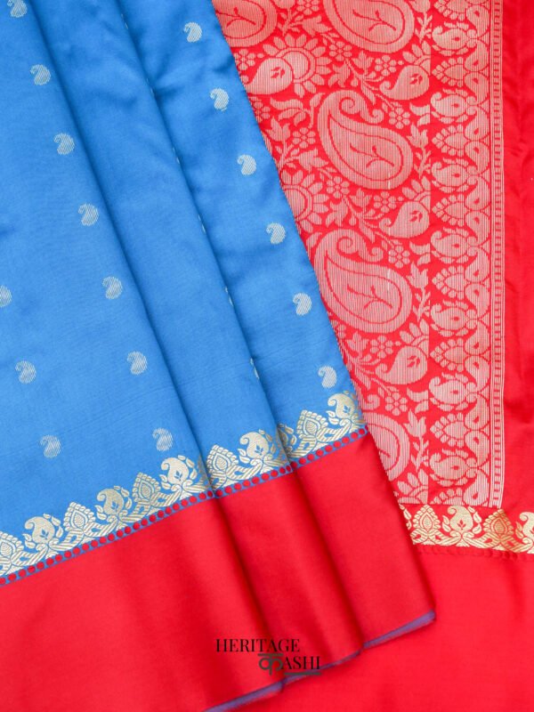 Peacock Blue Banarasi Satin Silk Allover Zari Buti Saree - Image 2