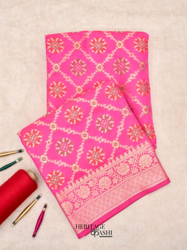 Pink Katan floral motif ghatchola designer saree