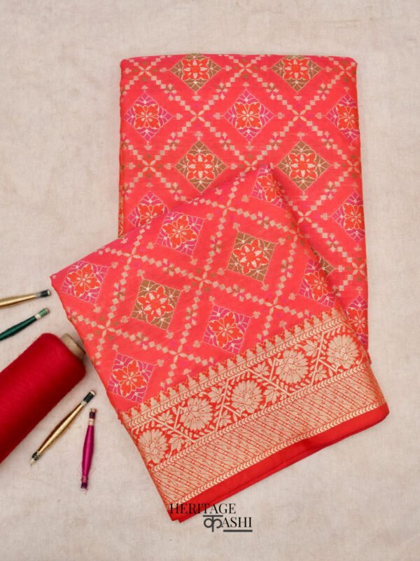 Pinky orange Katan floral motif ghatchola designer saree