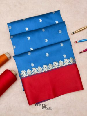 Peacock blue banarasi satin silk allover zari buti saree
