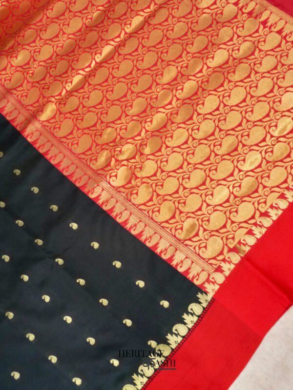 Black Banarasi Satin Silk Allover Zari Buti Saree - Image 3