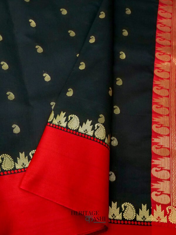 Black Banarasi Satin Silk Allover Zari Buti Saree - Image 4