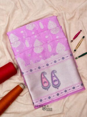 Lavender colour warm silk big silver fancy carry buta saree