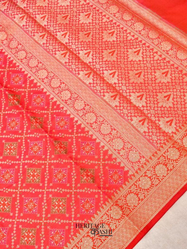 Pinky Orange Katan Floral Motif Ghatchola Designer Saree - Image 3