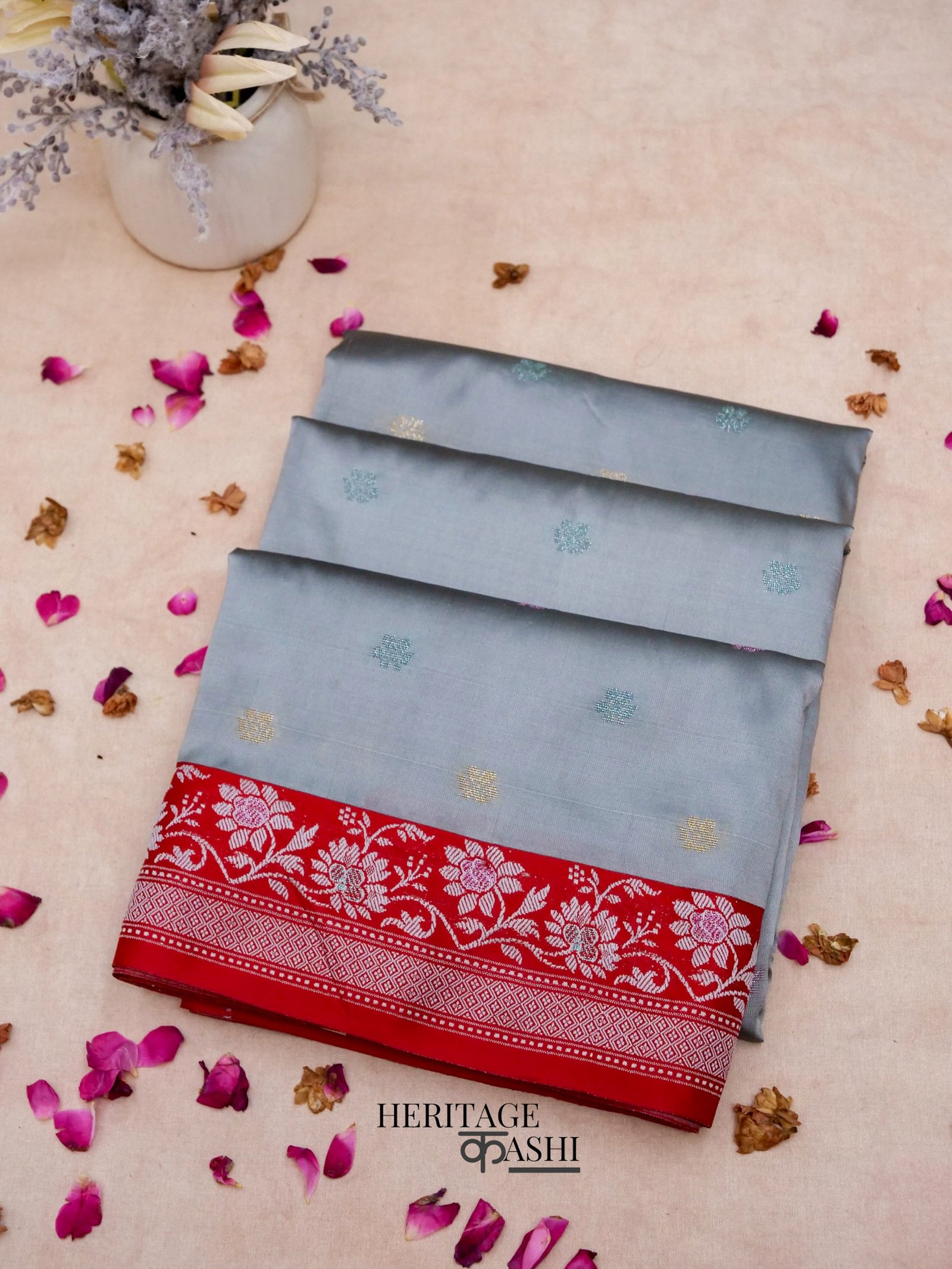 Grey Banarasi Soft Silk Ganga Jamuna Saree