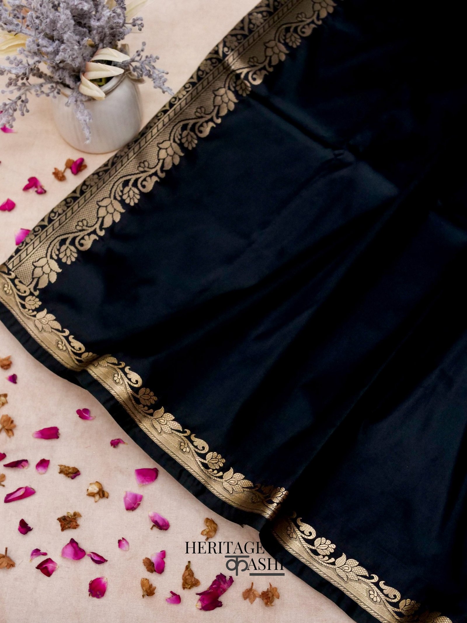 Black Banarasi Silk Plain Fancy Saree