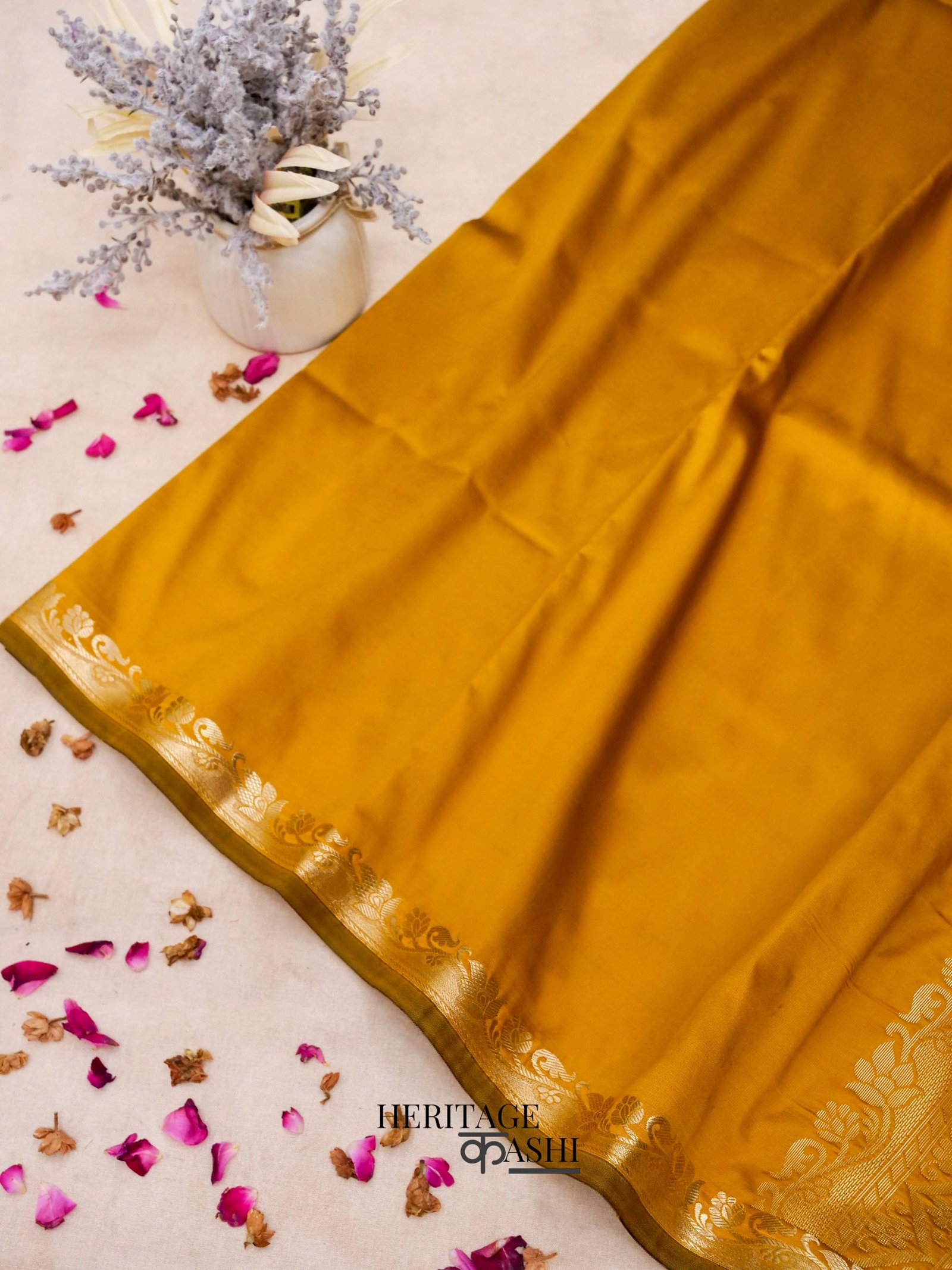 Mustard Yellow Banarasi Silk Plain Fancy Saree