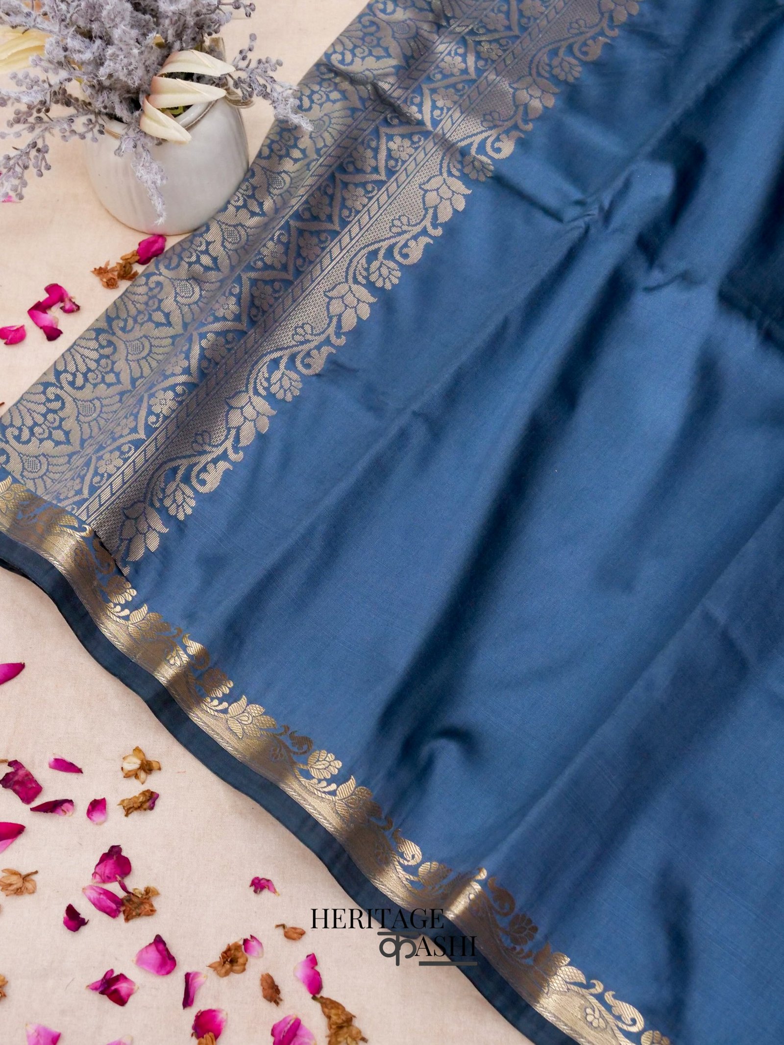 Steel Blue Banarasi Silk Plain Fancy Saree