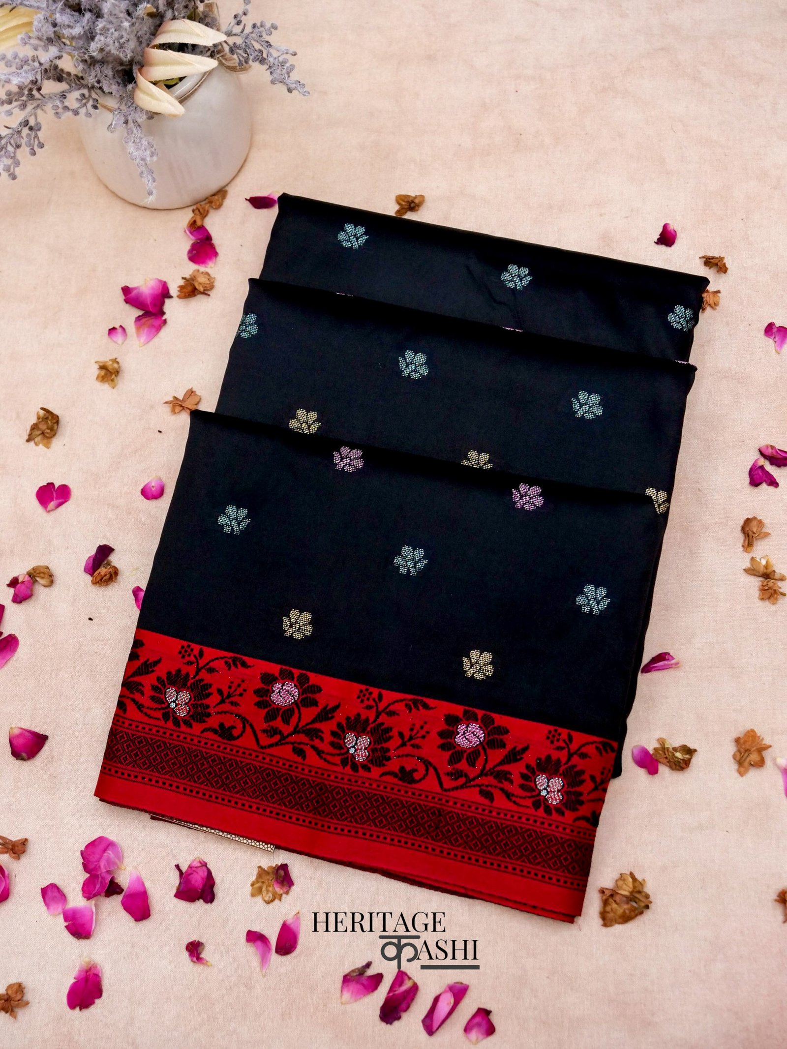 Dark Black Banarasi Soft Silk Ganga Jamuna Saree