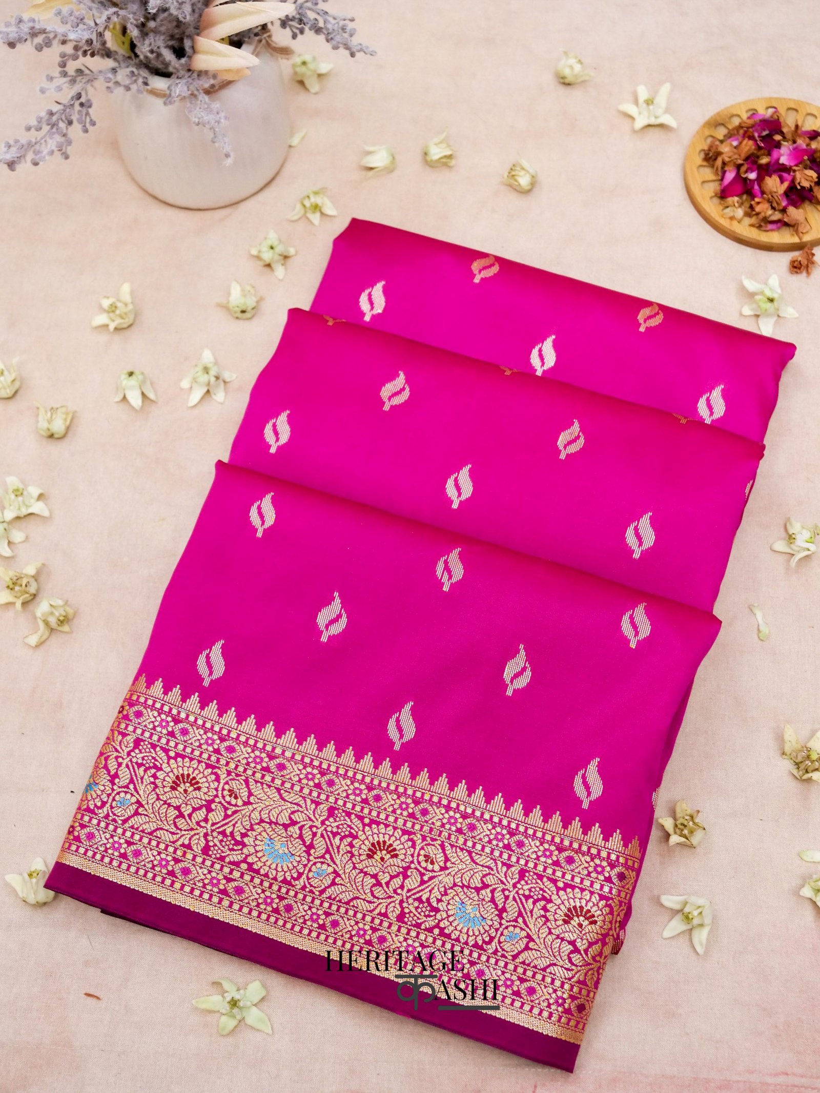 Pink Katan Silk Buti With Minakari Border Saree